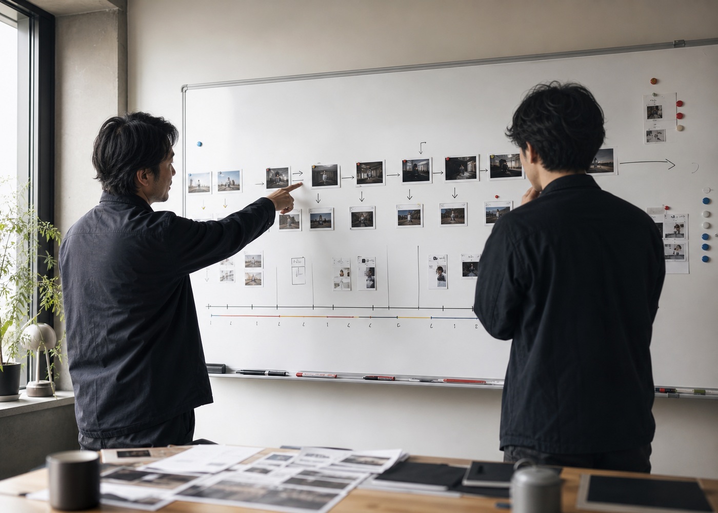 企画資料を囲んで映像の構成を検討する制作チーム